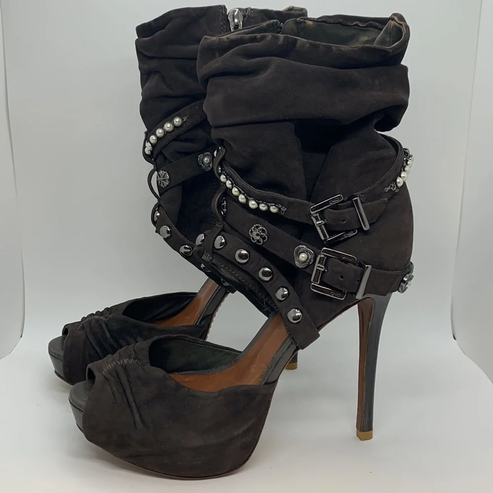 Schutz *Flawed Open Peep Toe Platform Heels Brown 10B Buckle Stud Pearl Accents